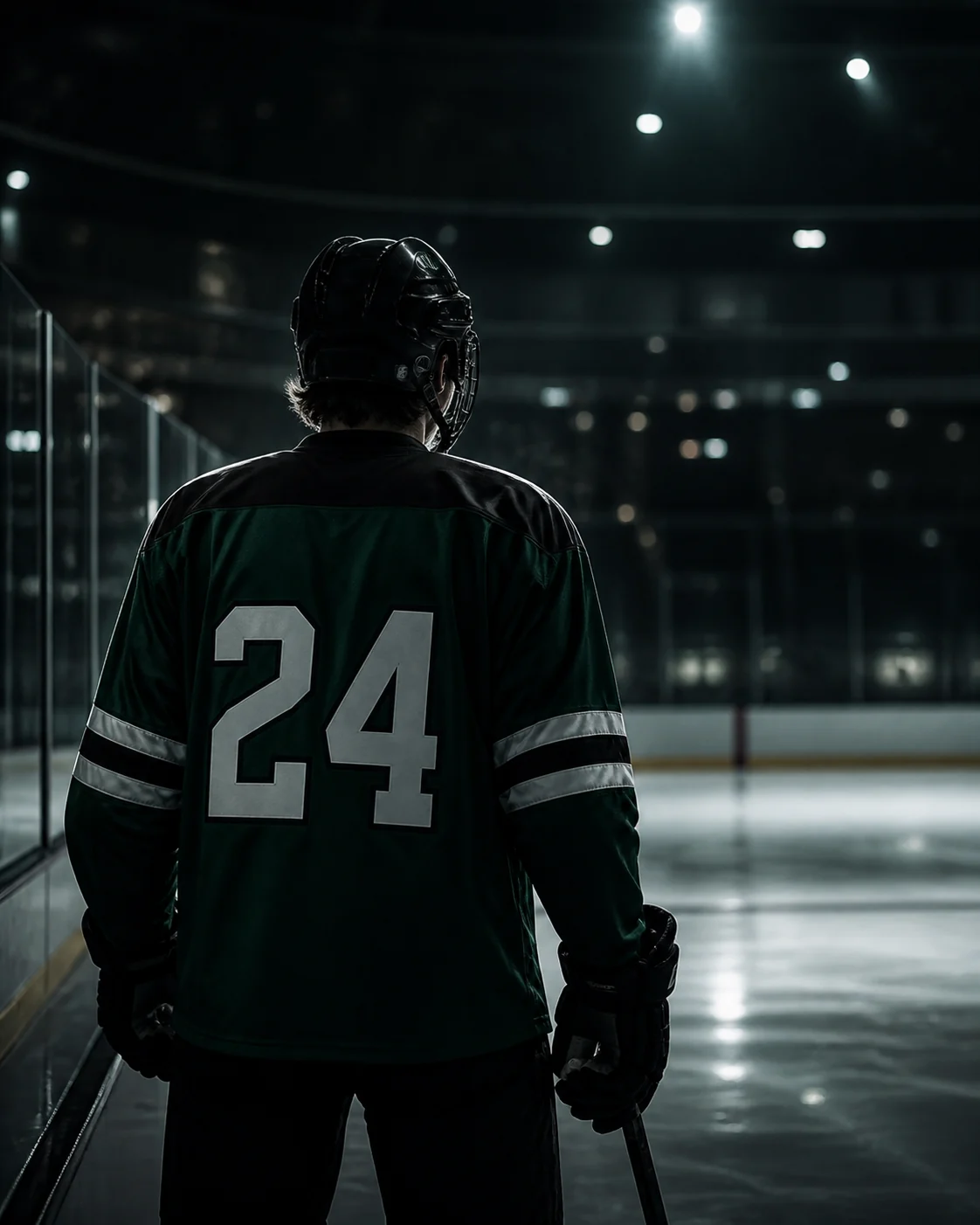 Hockey player wearing number 24 looking out over the ice